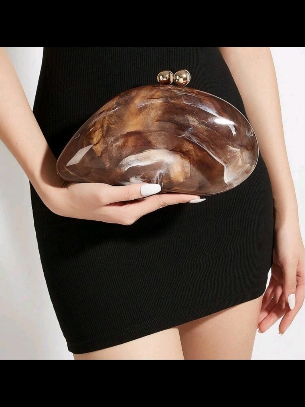 Marbled Brown Shell Clutch with Gold Ball Closure